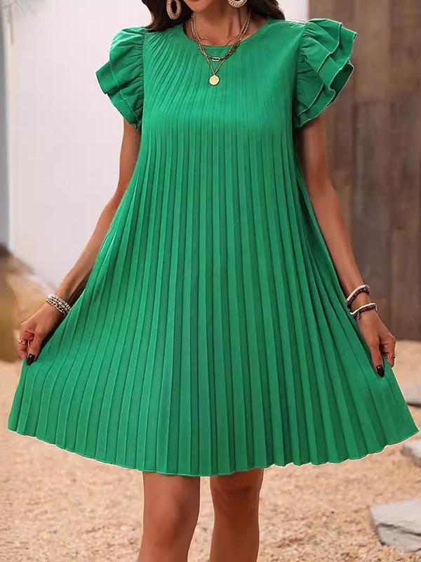 A-Line Loose Hollow Pleated Solid Color Split-Joint Round-Neck Mini Dresses Product Image