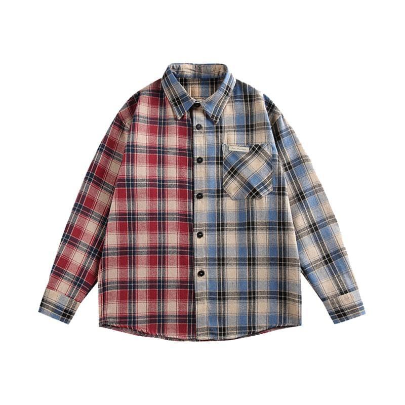 Drop Shoulder Lapel Collar Plaid Button Shirt Product Image