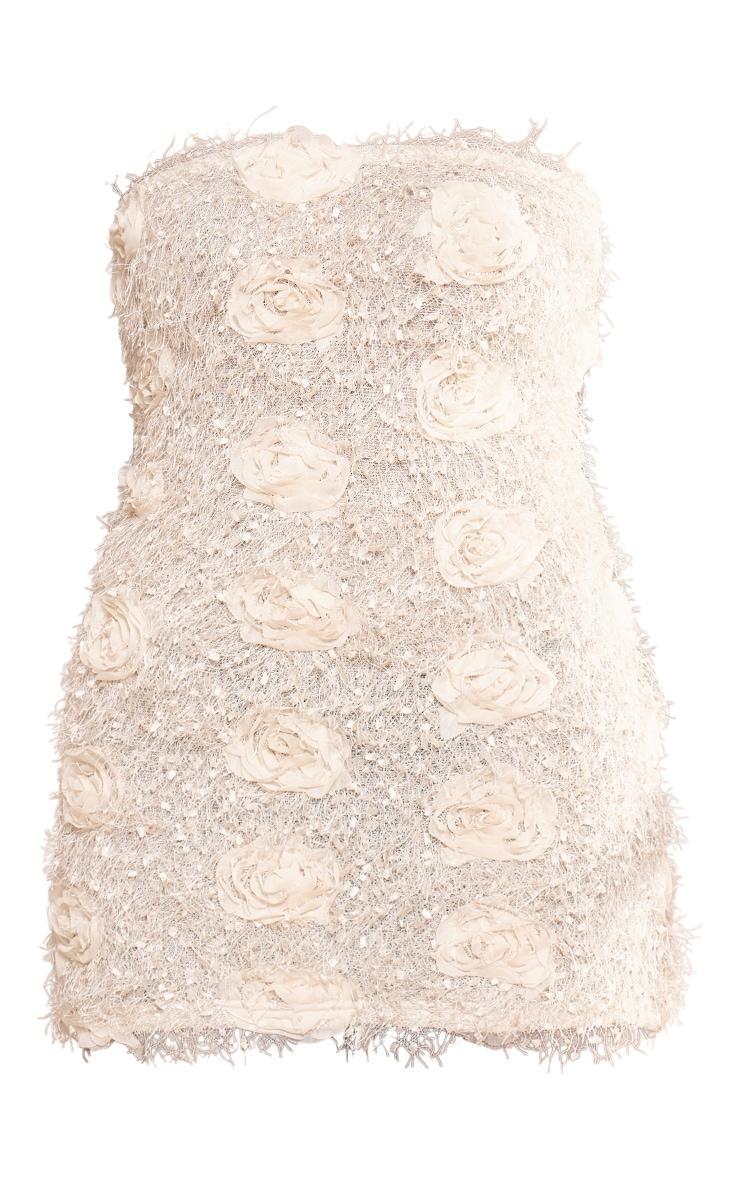 Cream Eyelash Bandeau Rose Detail Mini Dress Product Image