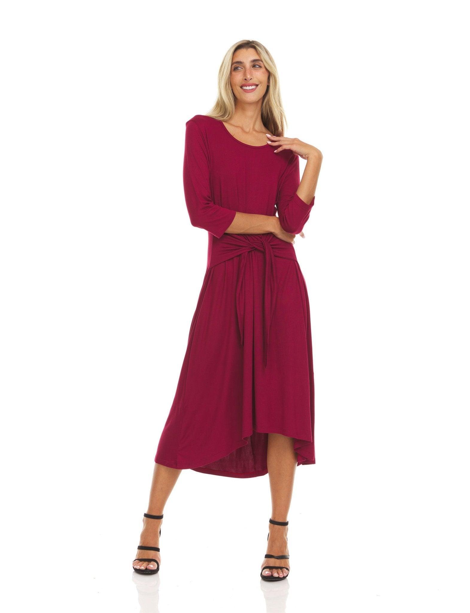 Three-quarter sleeves solid colors scoop neck midi dress with self tie belt Product Image