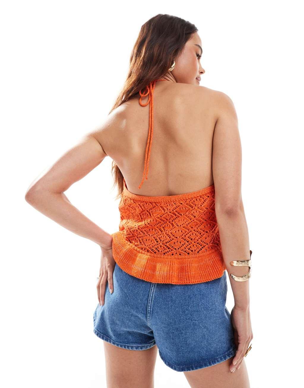 Miss Selfridge crochet halter neck top in orange Product Image