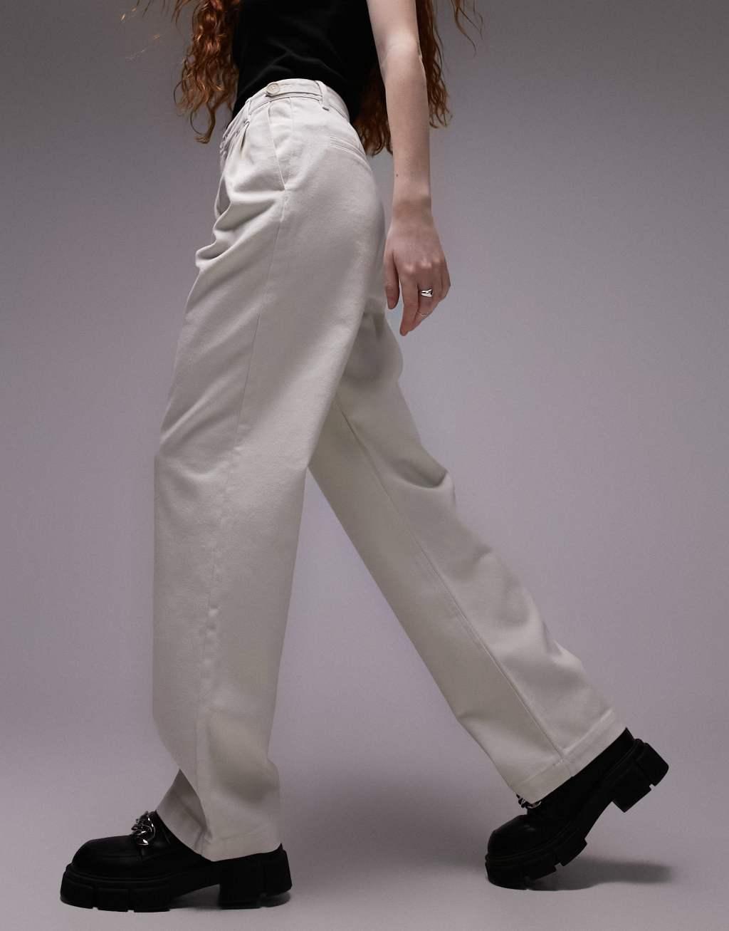 Topshop button tab detail straight leg pants in ecru Product Image