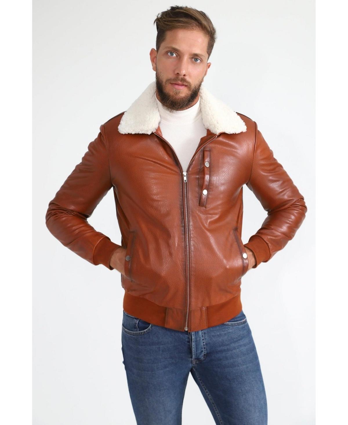 Mens Genuine Leather Bomber Jacket with Shearling Lining, White Curly Wool Product Image