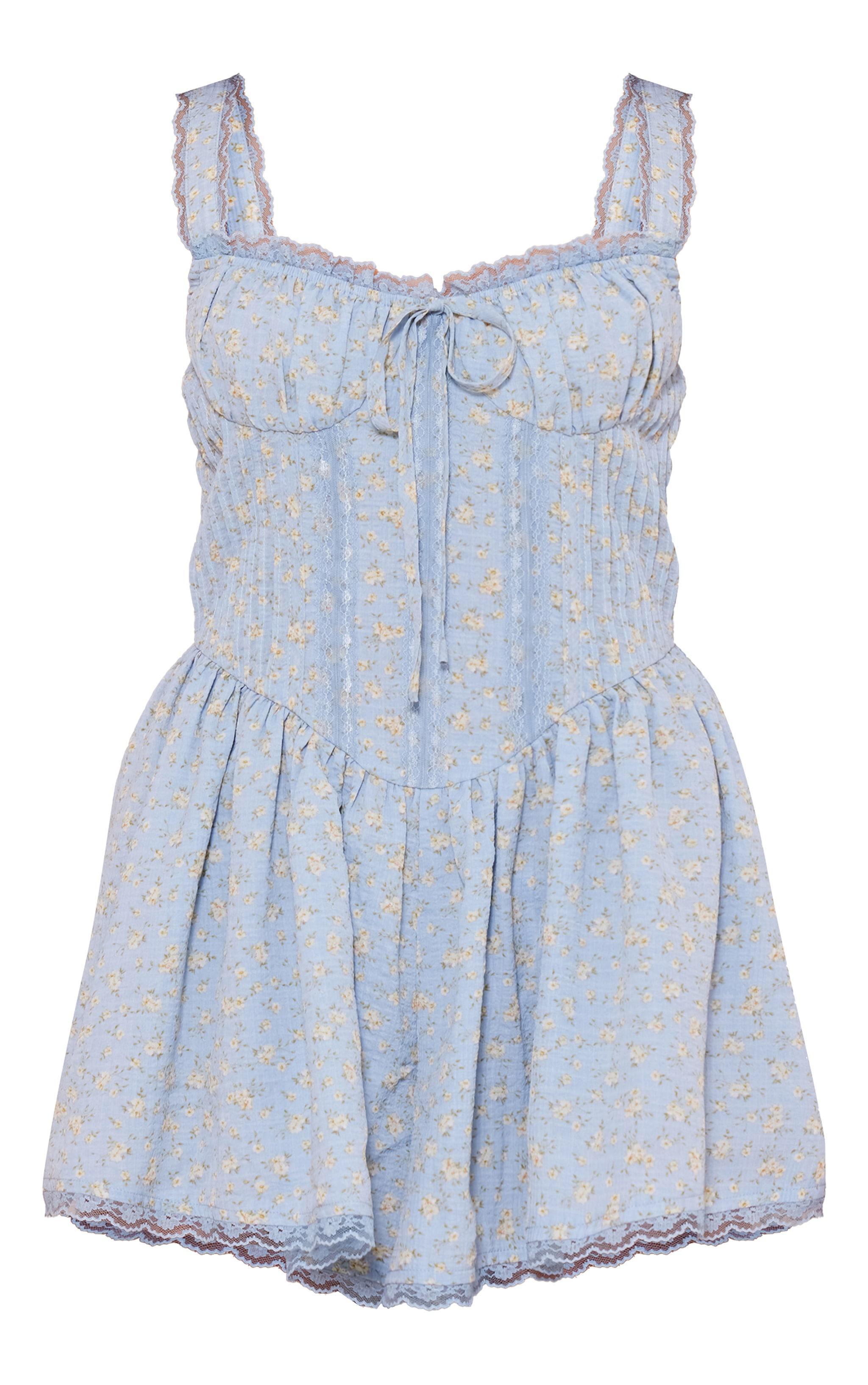 Blue Ditsy Print Woven Corset Lace Trim Romper Product Image