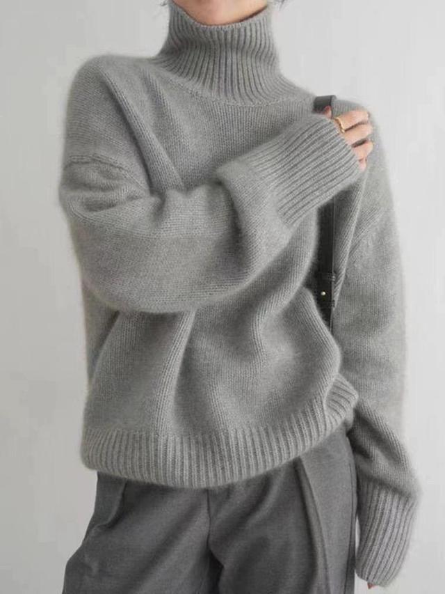 Long-Sleeve High Neck Plain Sweater Product Image