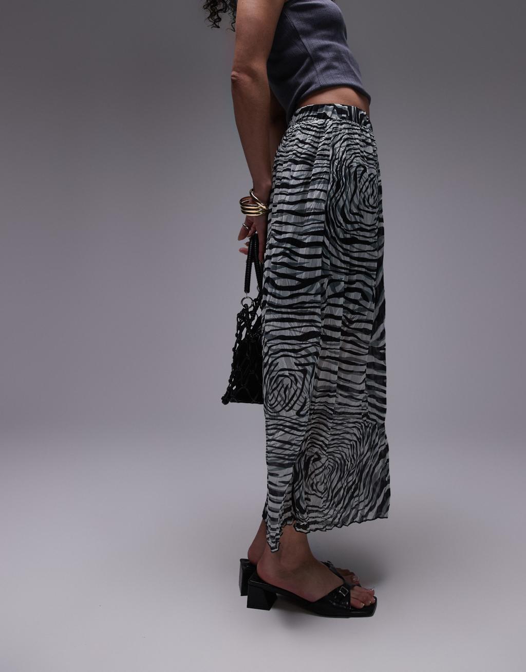 Topshop crinkle midi skirt in abstract print in mono Product Image