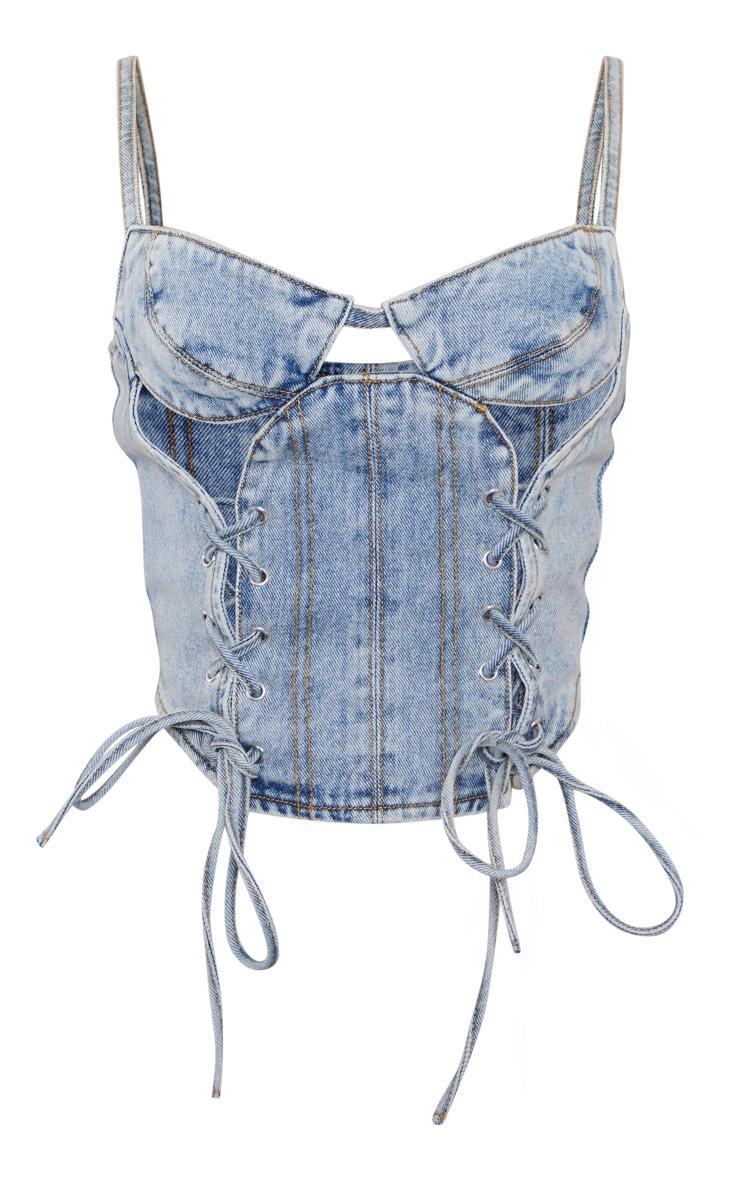 Petite Light Blue Wash Denim Lace Up Corset Product Image