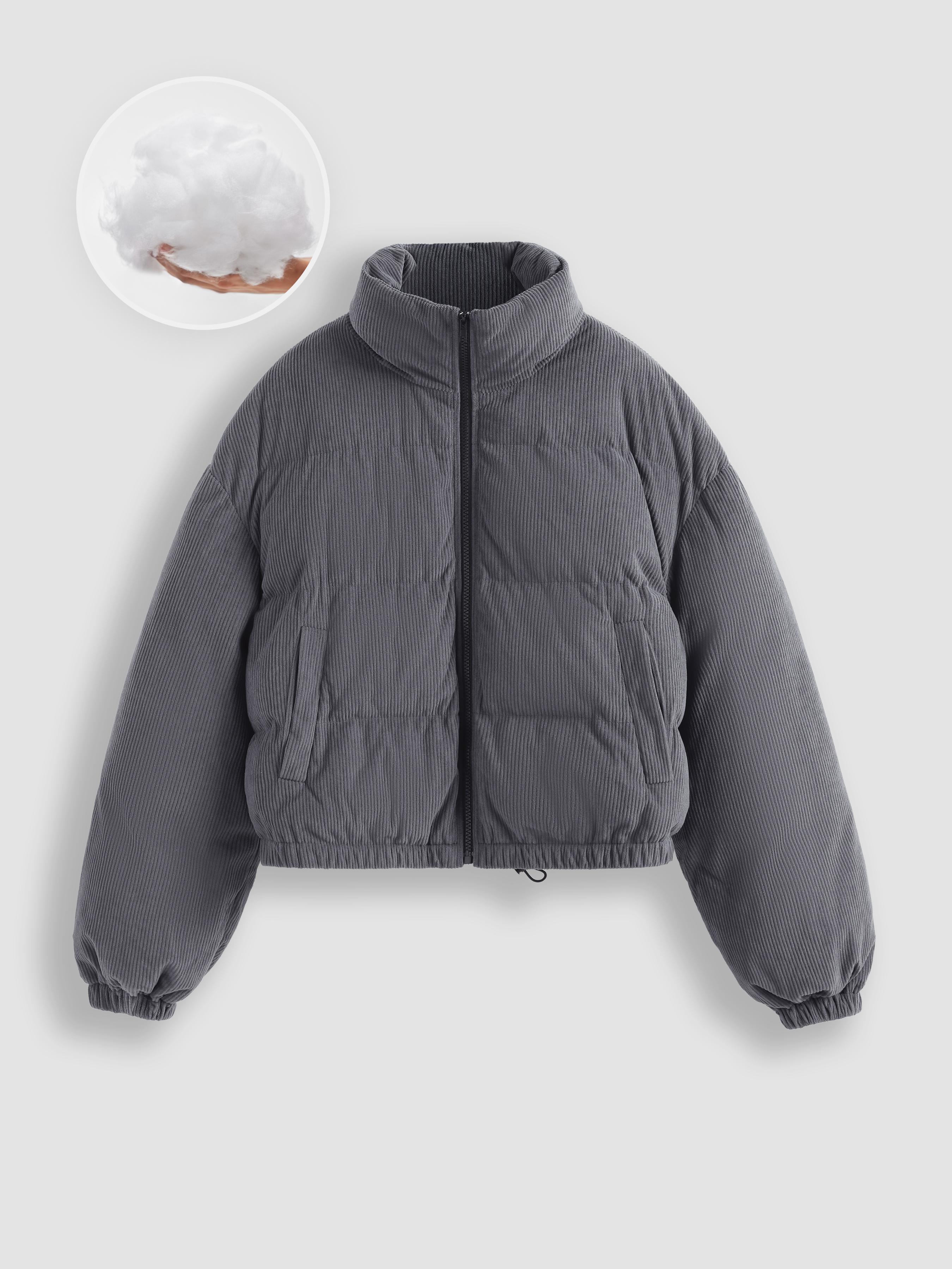 Corduroy Stand Collar Solid Pocket Puffer Jacket Product Image