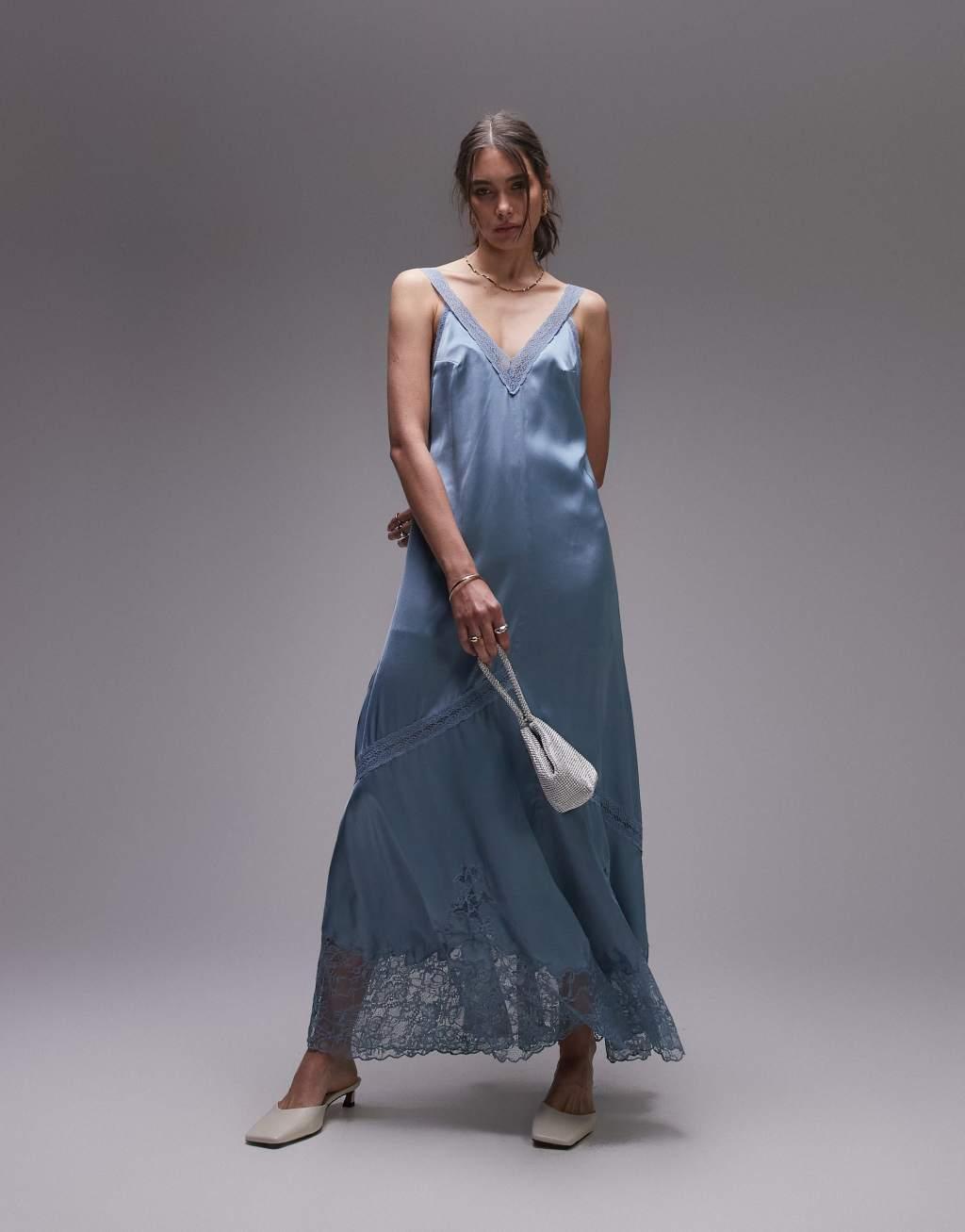 Topshop maxi dress with lace insert in pale blue Product Image