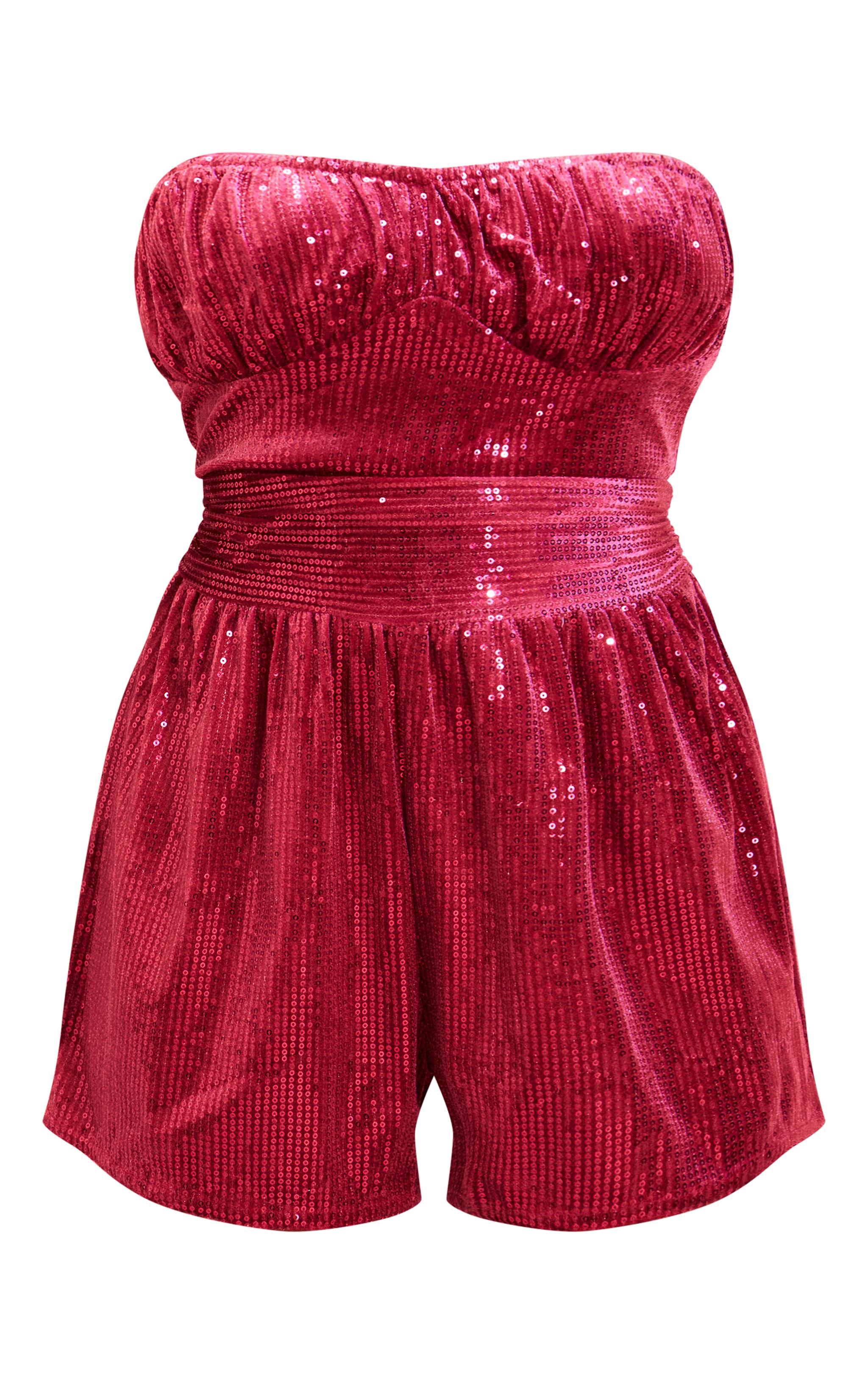 Hot Pink Velvet Sequin Bandeau Ruched Bust Romper Product Image