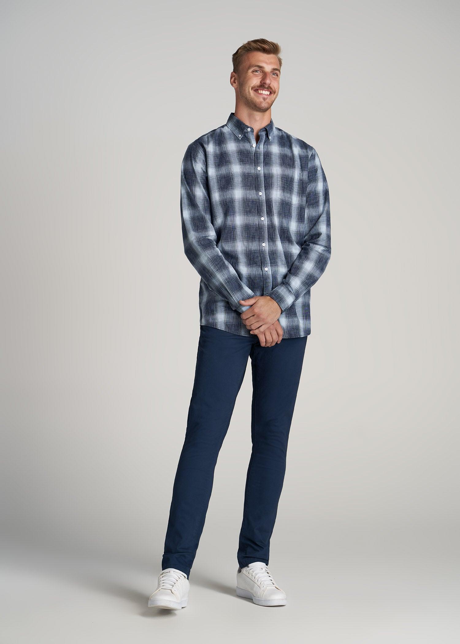 Soft-Wash Button-Up Shirt for Tall Men in Blues Plaid Male Product Image