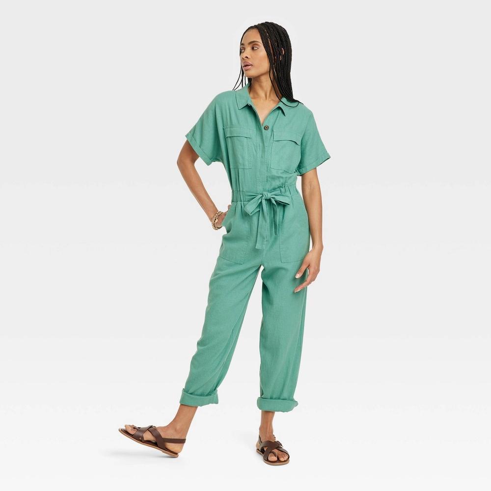 Womens Short Sleeve Linen Boilersuit - Universal Thread Green 2 Product Image