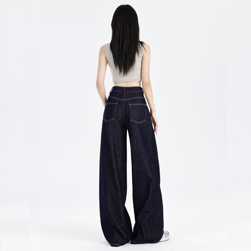 High Rise Fleece Lined Plain Wide Leg Jeans (Various Designs) Product Image