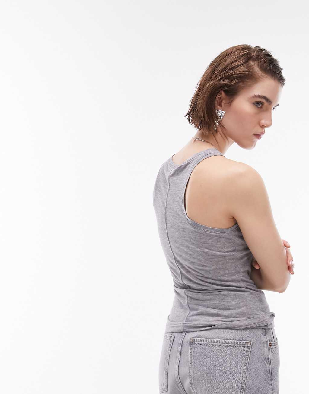 Topshop premium slinky racer tank top in gray heather Product Image