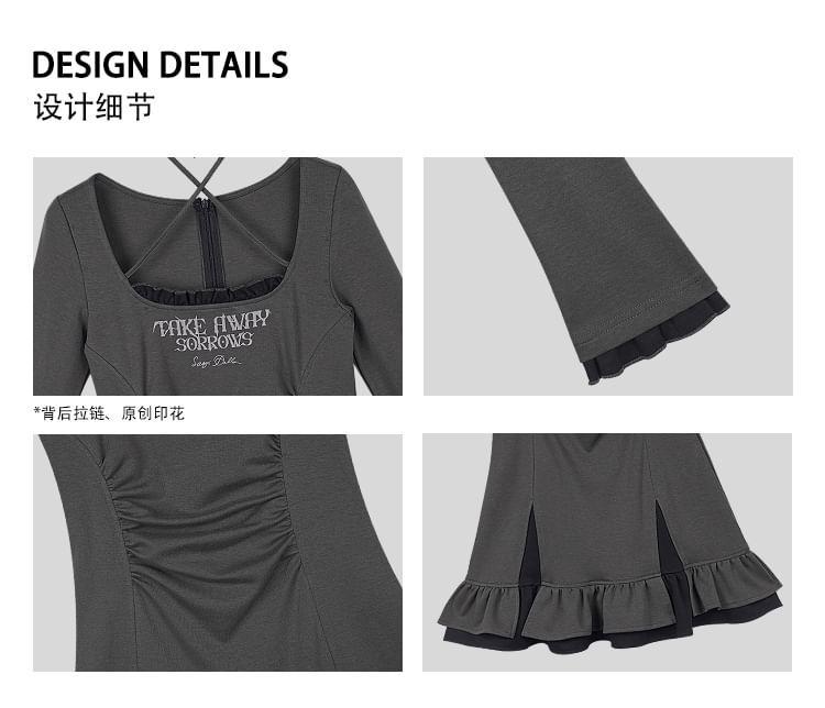 Long-Sleeve Halter-Neck Lettering Shirred Mini A-Line Dress Product Image