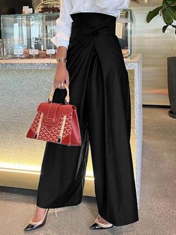 High Waisted Wide Leg Asymmetric Pleated Solid Color Split-Joint Pants Trousers Product Image