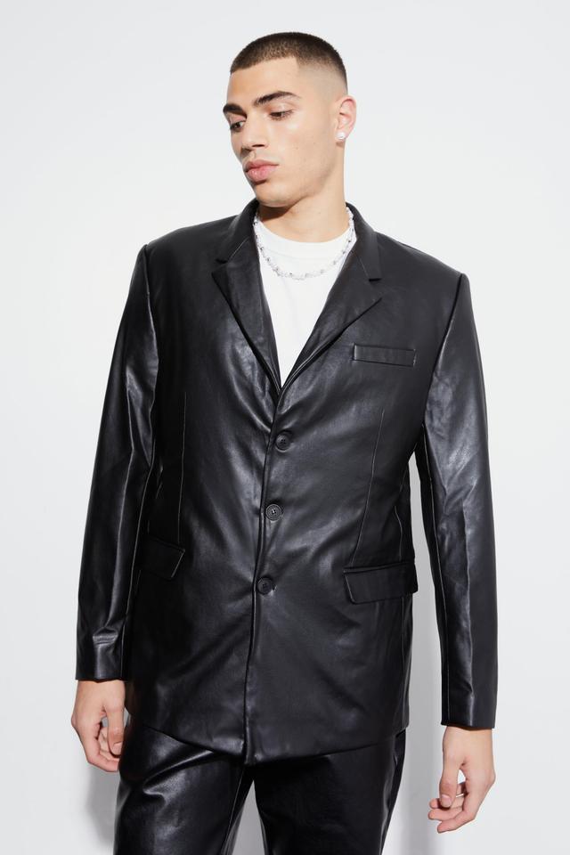 Relaxed Fit Pu Suit Jacket | boohooMAN USA Product Image