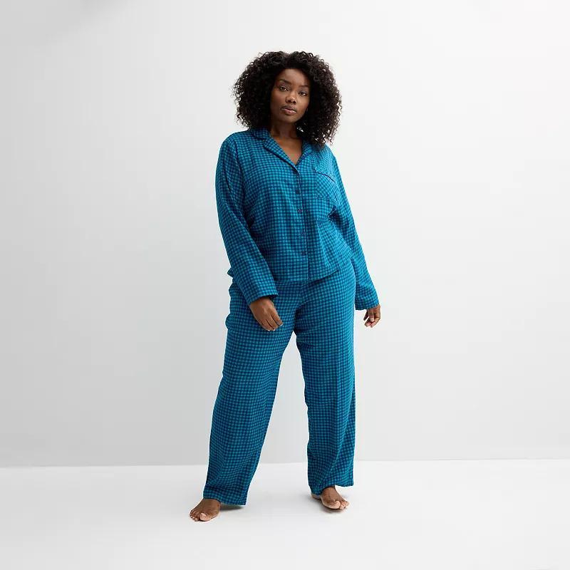 Plus Size Sonoma Goods For Life Flannel Notch Pajama Top & Pajama Bottoms Set, Womens Blue Gingham Product Image