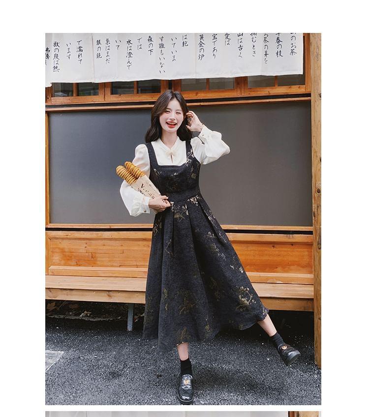 Long-Sleeve Stand Collar Mock Two-Piece Floral Jacquard Midi A-Line Dress Product Image