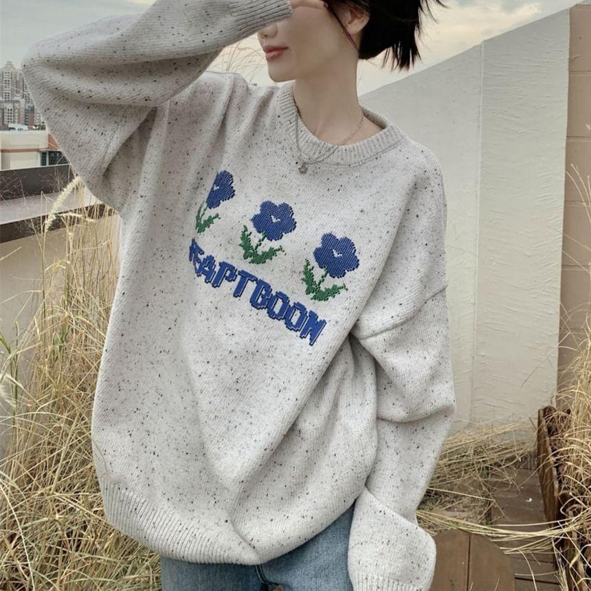 Round Neck Floral Patterned Melange Sweater Product Image