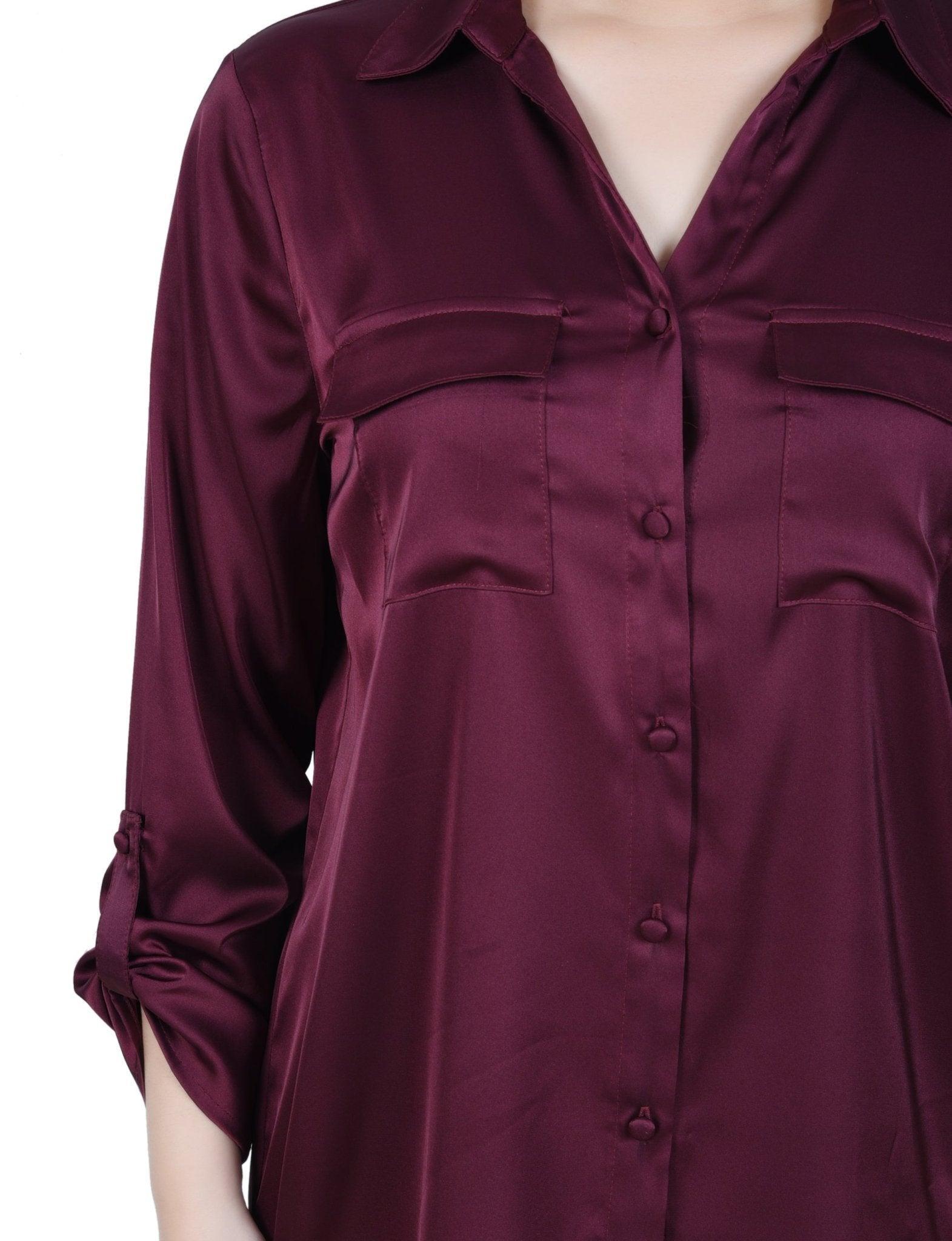 3/4 Length Sleeve Roll Tab Satin Blouse - Petite Product Image