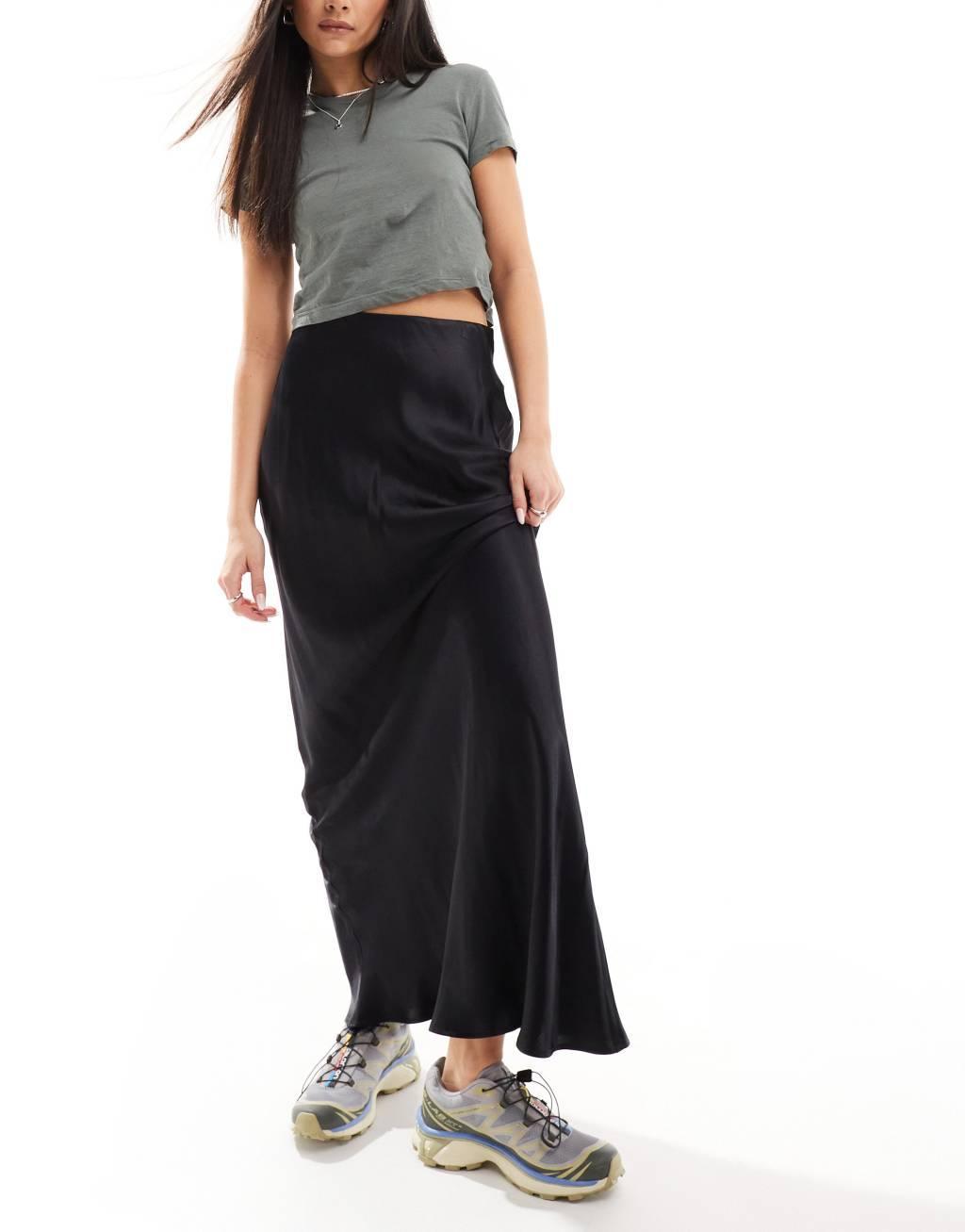 Stradivarius satin maxi skirt in black product image