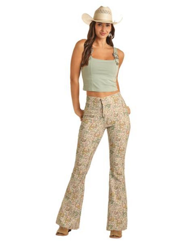 Rock & Roll Denim® Ladies' Reversible Beige Floral Flare Jeans Product Image