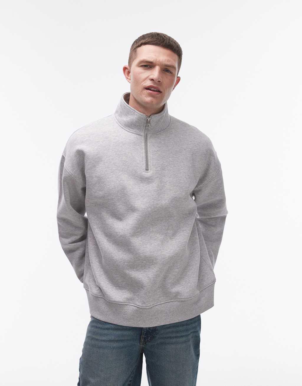 Topman premium heavyweight oversized 1/4 zip sweatshirt in gray heather Product Image