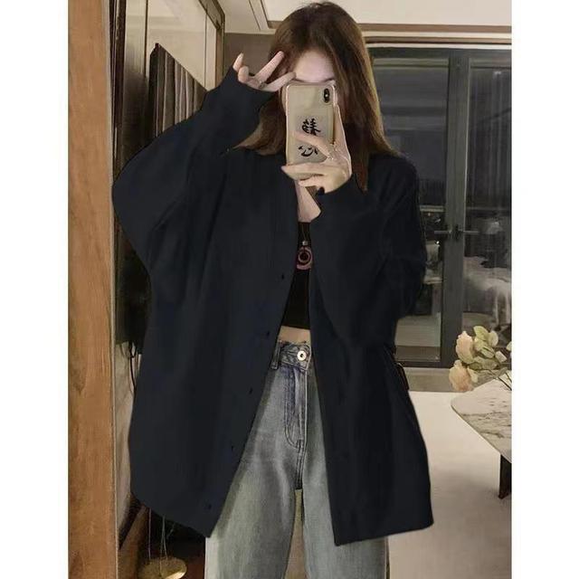 V-Neck Plain Oversized Bomber Jacket Product Image