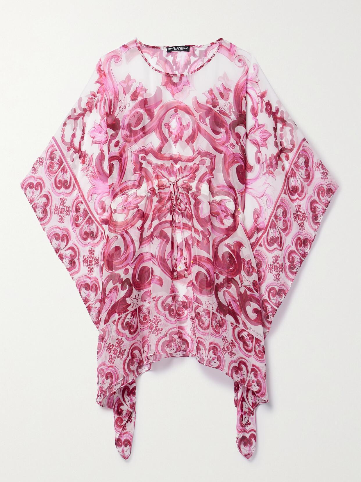 DOLCE & GABBANA Short Kaftan In Majolica Print Chiffon In White,fuchsia Product Image