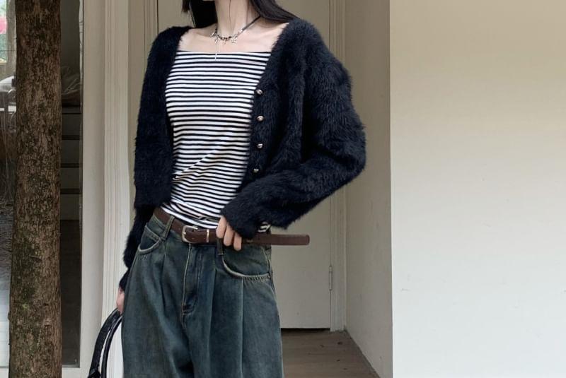 High Waist Washed Fleece-Lined Wide Leg Jeans Product Image