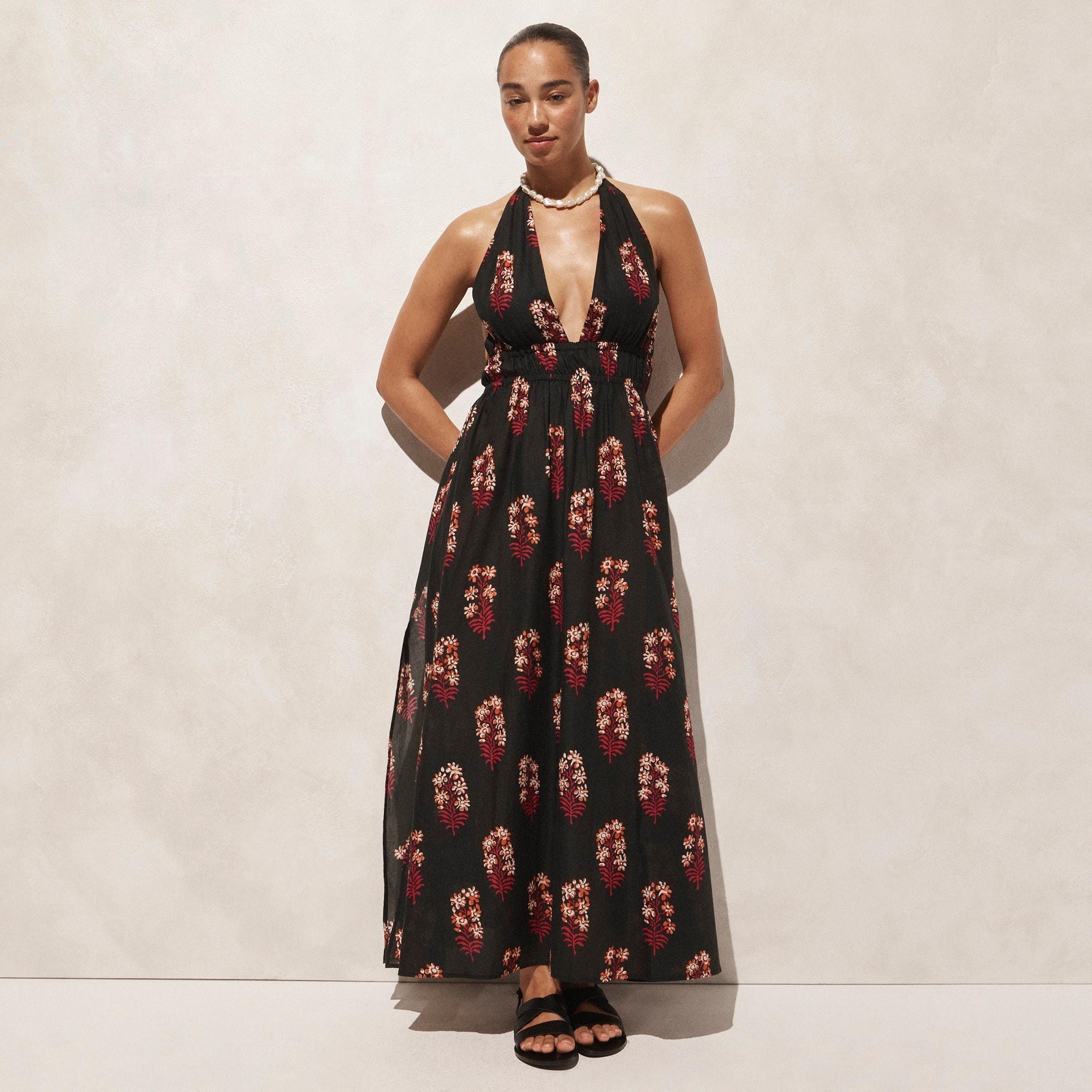 Halter maxi dress in cocoa block print cotton voile Product Image