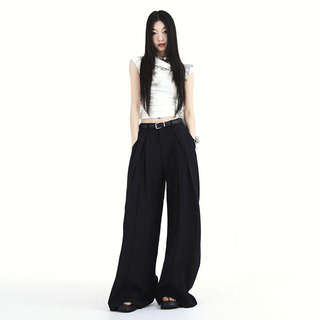 High Rise Plain Loose-Fit Wide-Leg Dress Pants Product Image