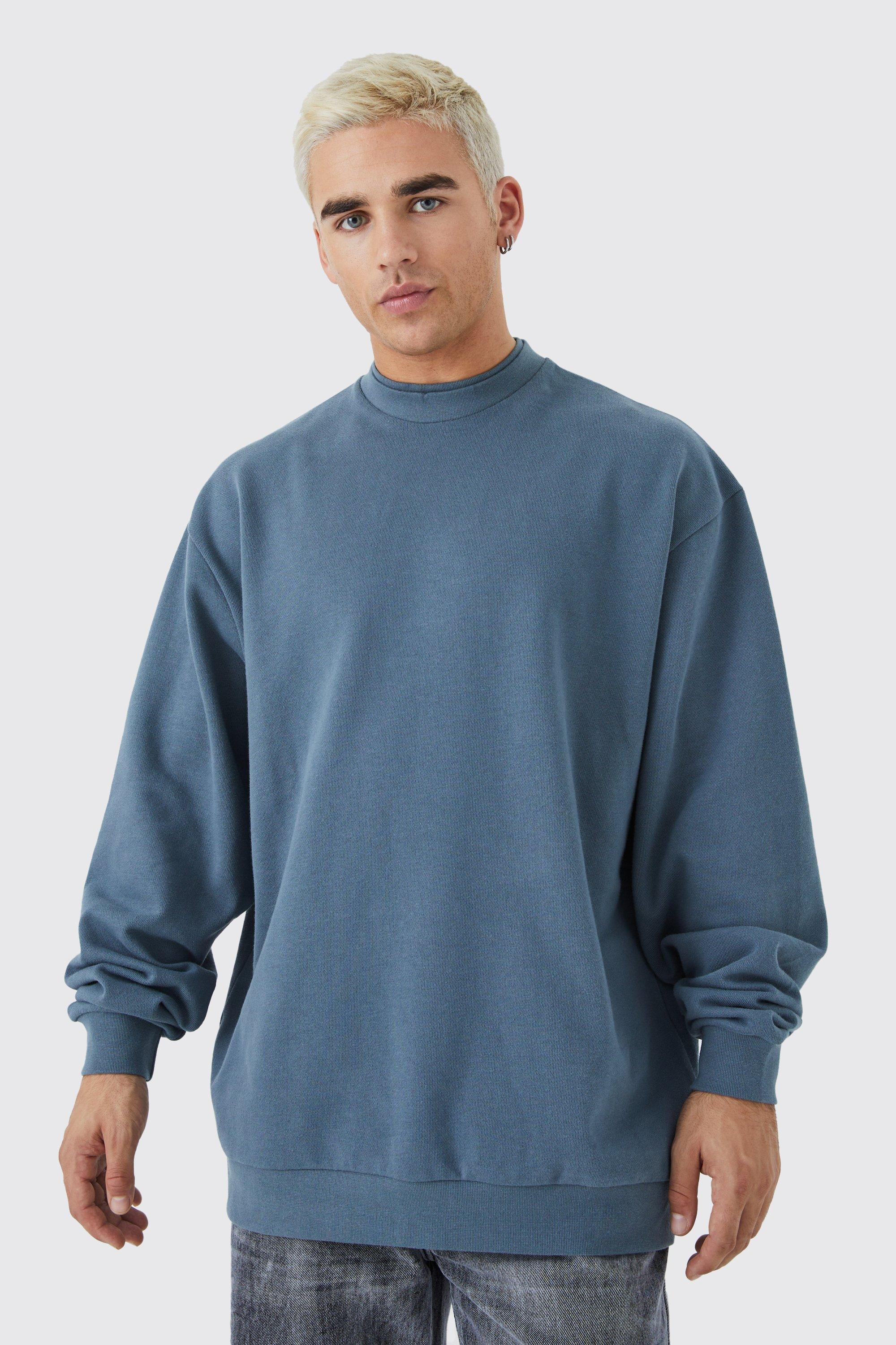 Mens Blue Oversized Heavy Extend Double Neck Sweatshirt, Blue Product Image