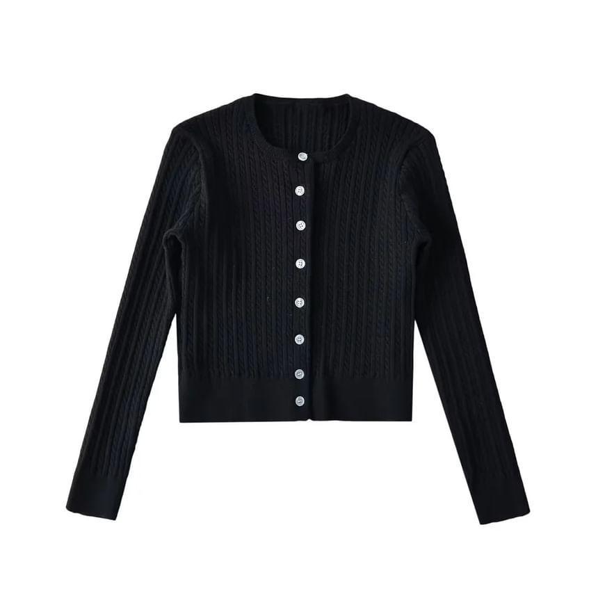 Round Neck Plain Cable Knit Cardigan Product Image