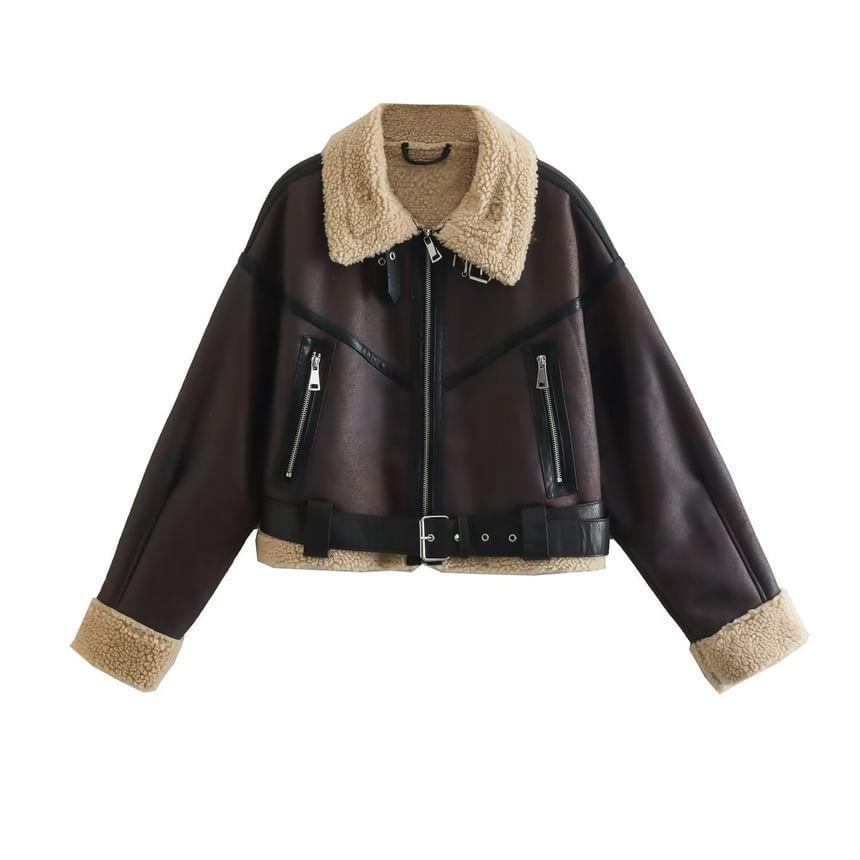 Collared Fleece Trim Faux Leather Zip Jacket Product Image