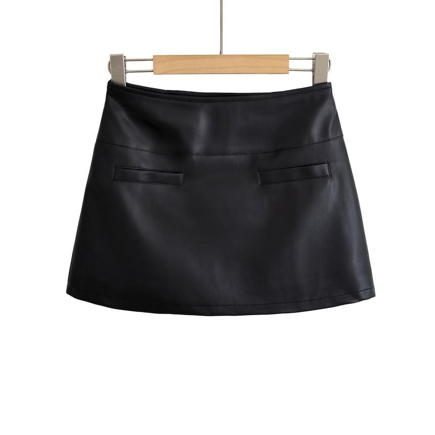 High Waist Faux Leather Mini A-Line Skirt Product Image