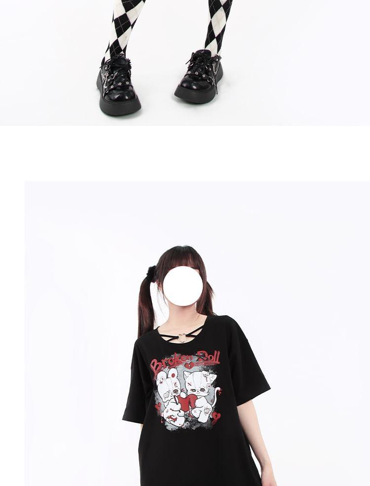 Elbow-Sleeve Round Neck Cartoon Print Oversized Tee Product Image