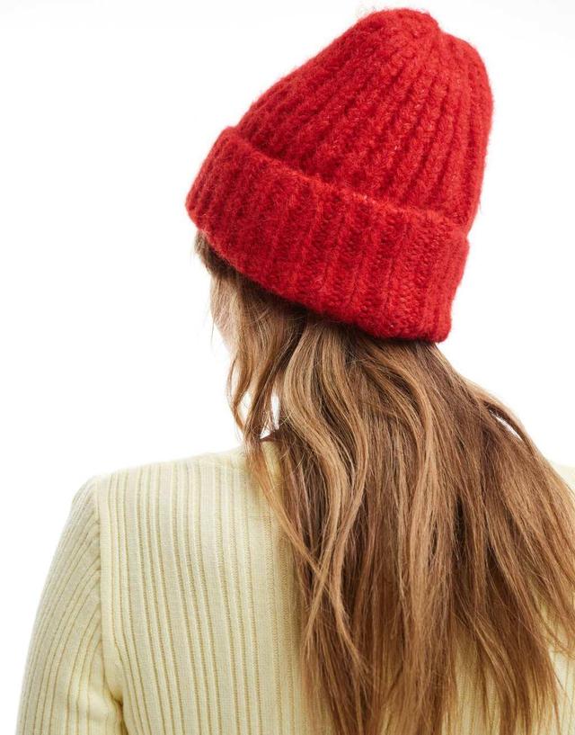 ASOS DESIGN chunky double roll fluffy beanie in red Product Image