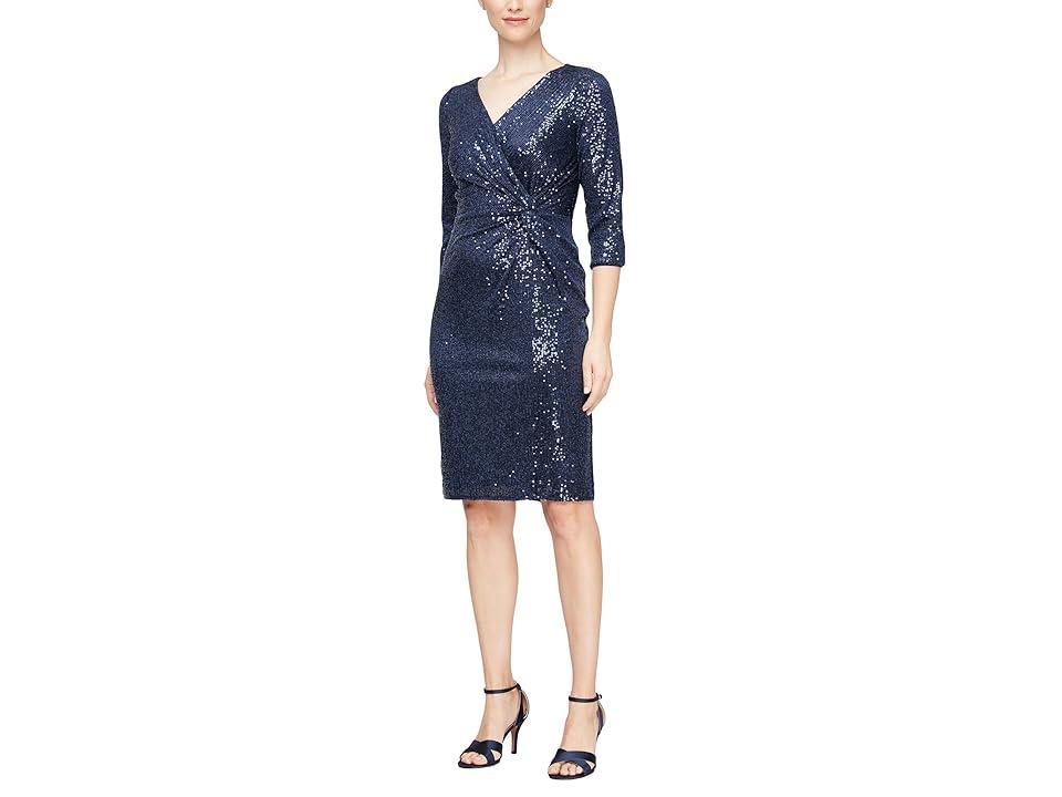 Alex Evenings Short Sheath Sequin Dress with Knot Front Detail and 3/4 Sleeves Women's Dress Product Image