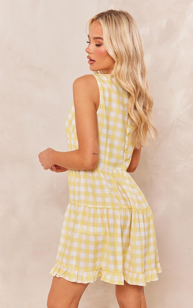 Lemon Gingham Print Sleeveless V Neck Tea Dress Product Image