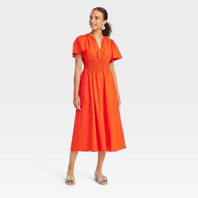 Womens Flutter Short Sleeve Poplin Midi A-Line Dress - A New Day Orange M Product Image