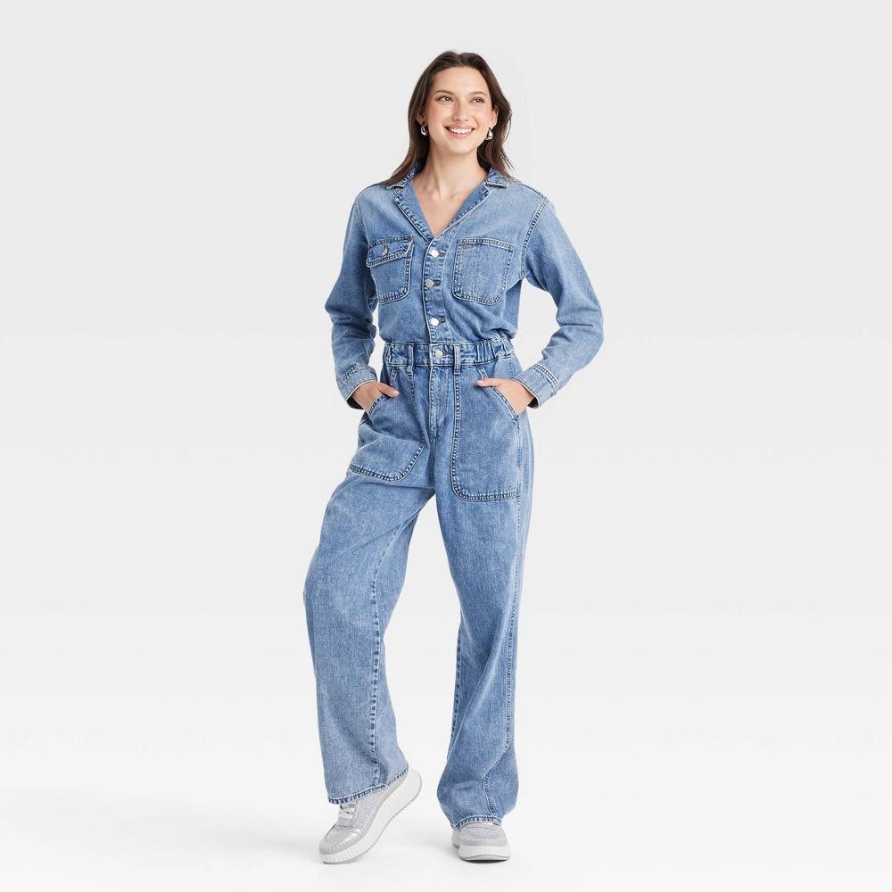 Womens Long Sleeve Utility Baggy Denim Jumpsuit - Universal Thread Medium Wash 14 Product Image