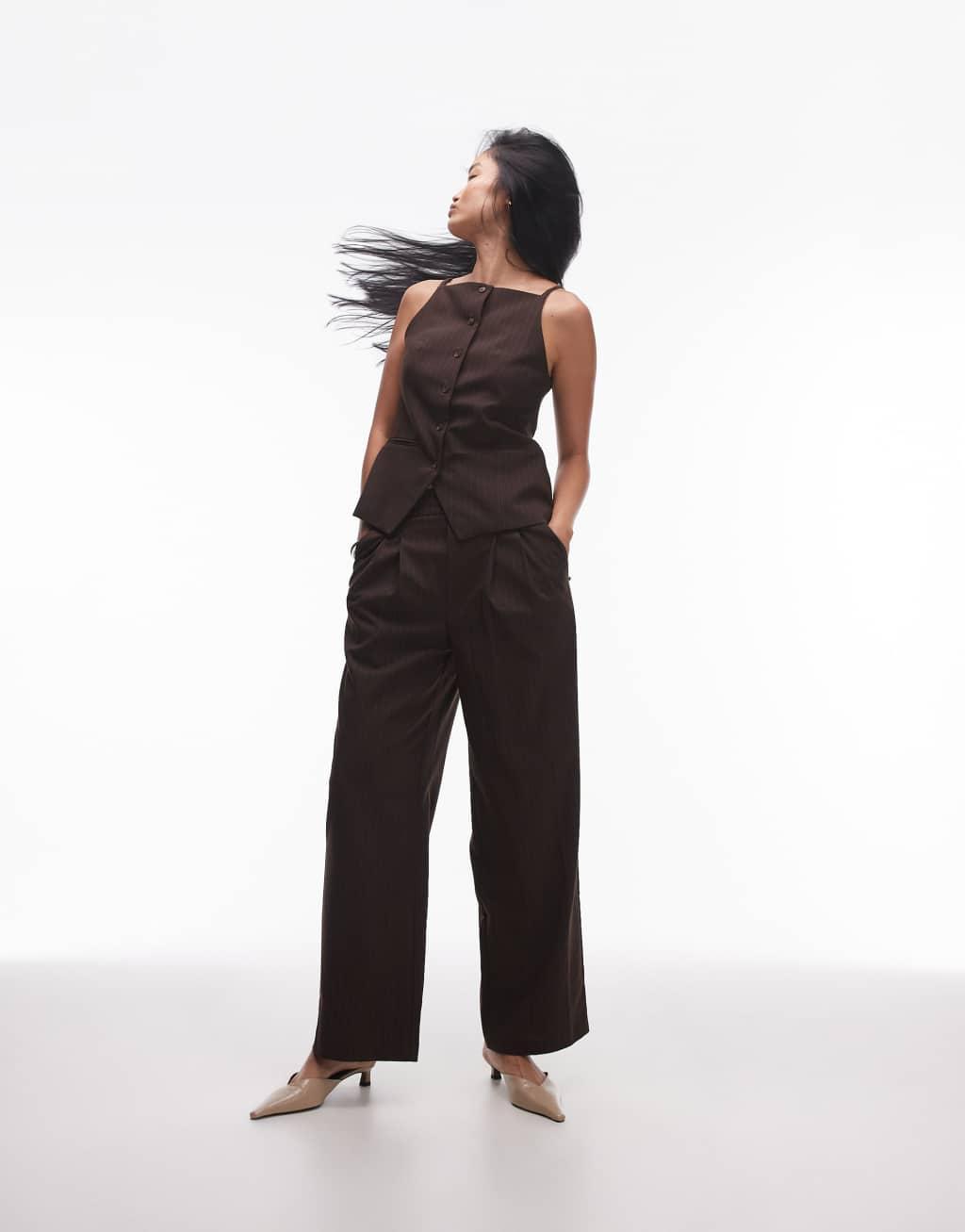 Topshop pleat front tailored sweatpants in chocolate pinstripe Product Image