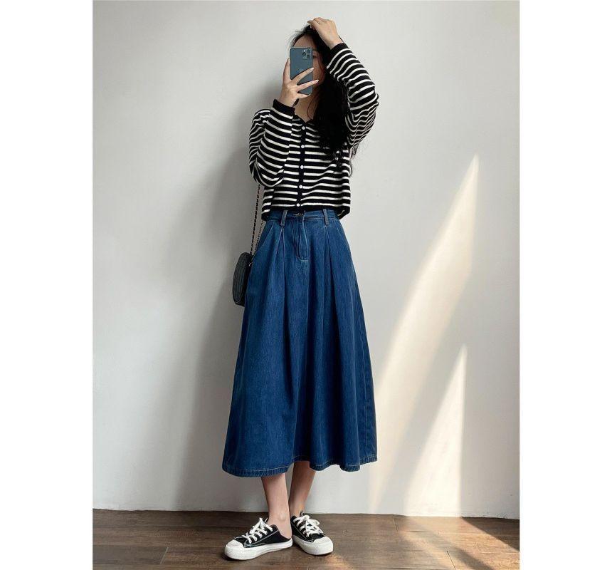 High Waist Washed Midi A-Line Denim Skirt Product Image