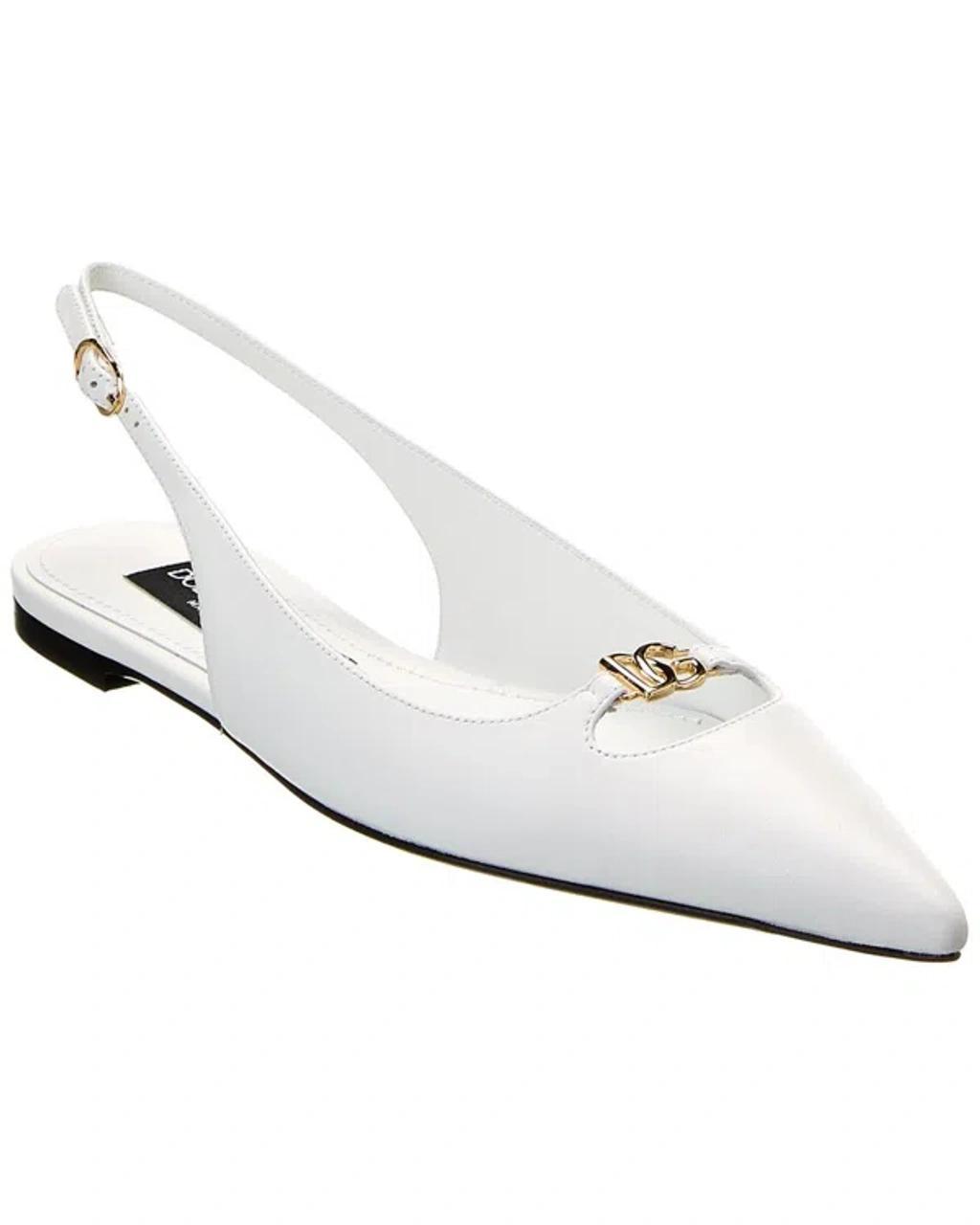 DOLCE & GABBANA 5mm Lollo Leather Slingback Flats In White Product Image