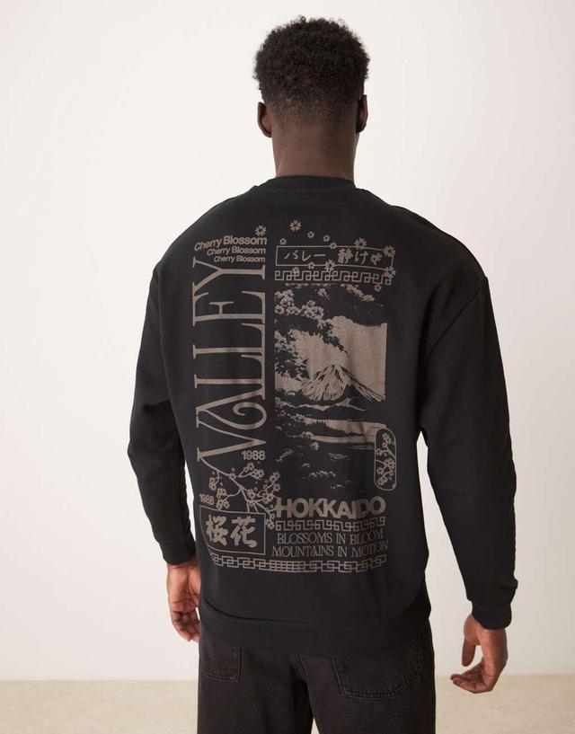 ASOS DESIGN oversized crew with chest and back print in black Product Image