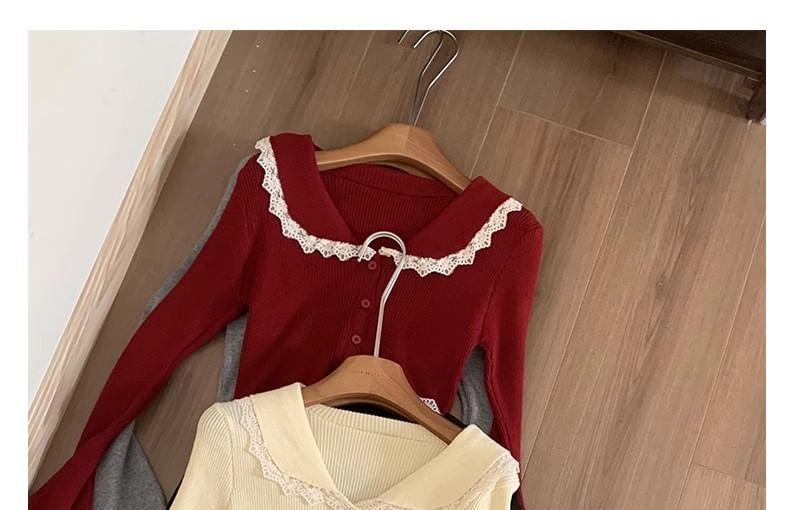 Long-Sleeve Collar Ribbed Lace Trim Button Knit Top Product Image