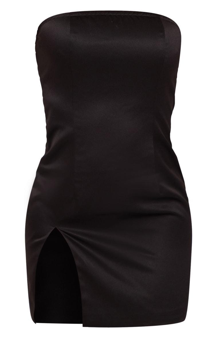 Black Satin Bandeau Split Hem Bodycon Dress Product Image