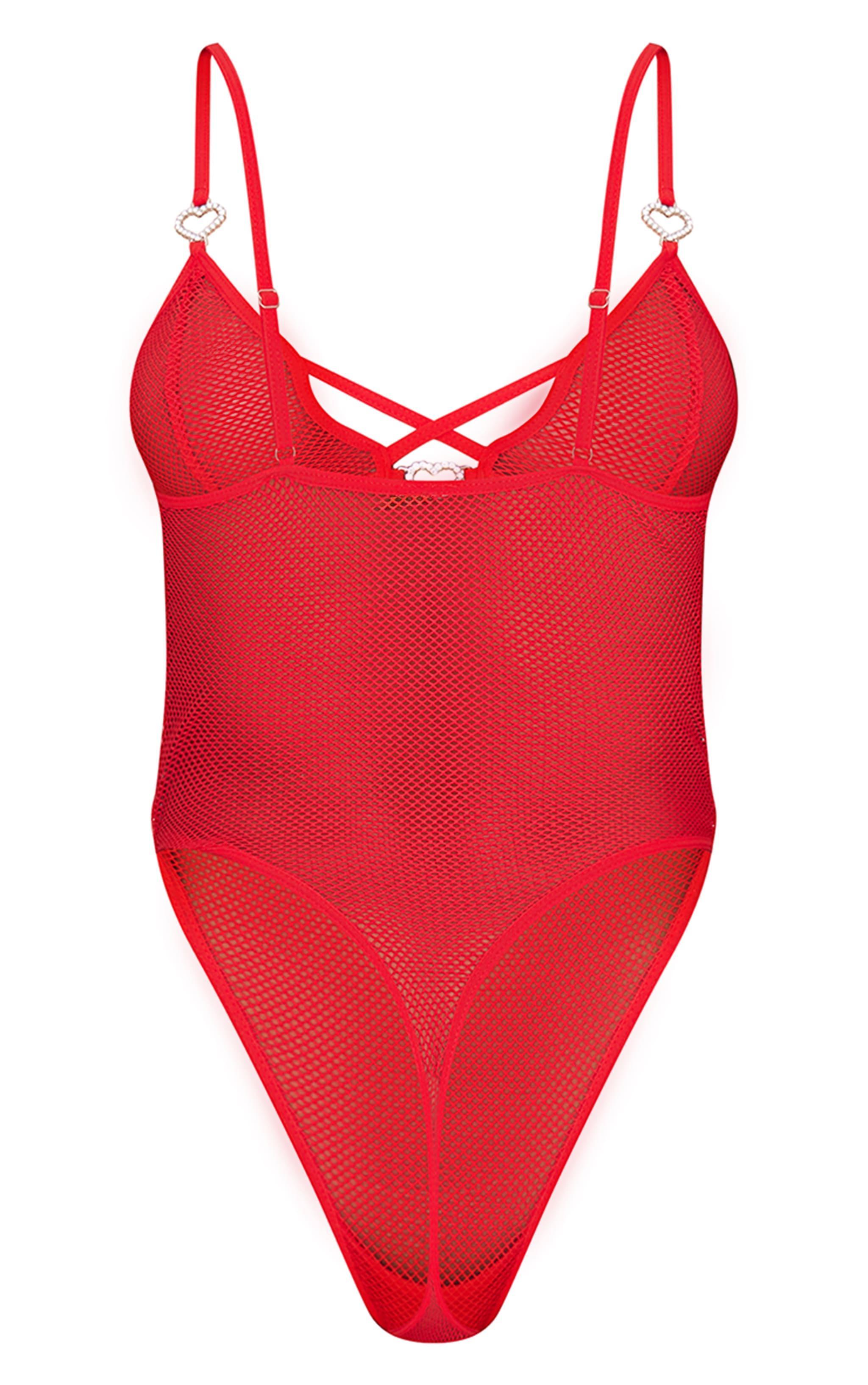 Red Fishnet Diamante Heart Lingerie Bodysuit Product Image